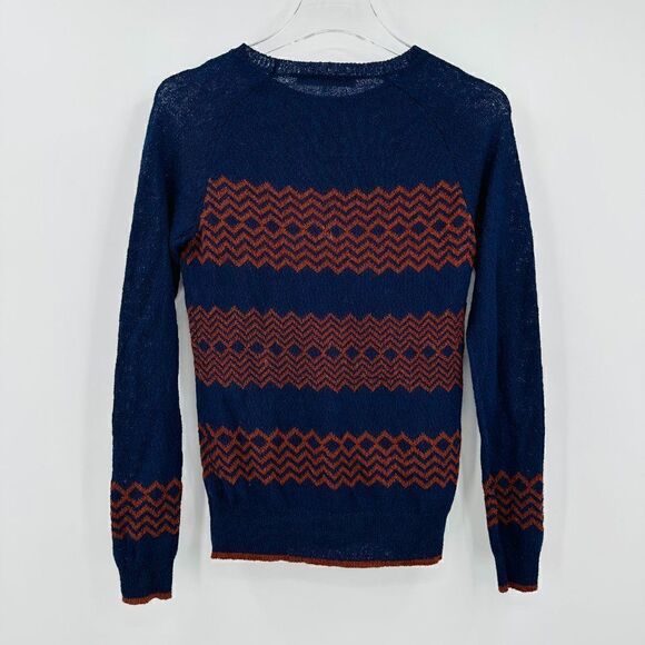 Trina Turk Sz Small Navy Blue Orange Chevron Print Long Sleeve Thin Knit Sweater - Picture 7 of 7